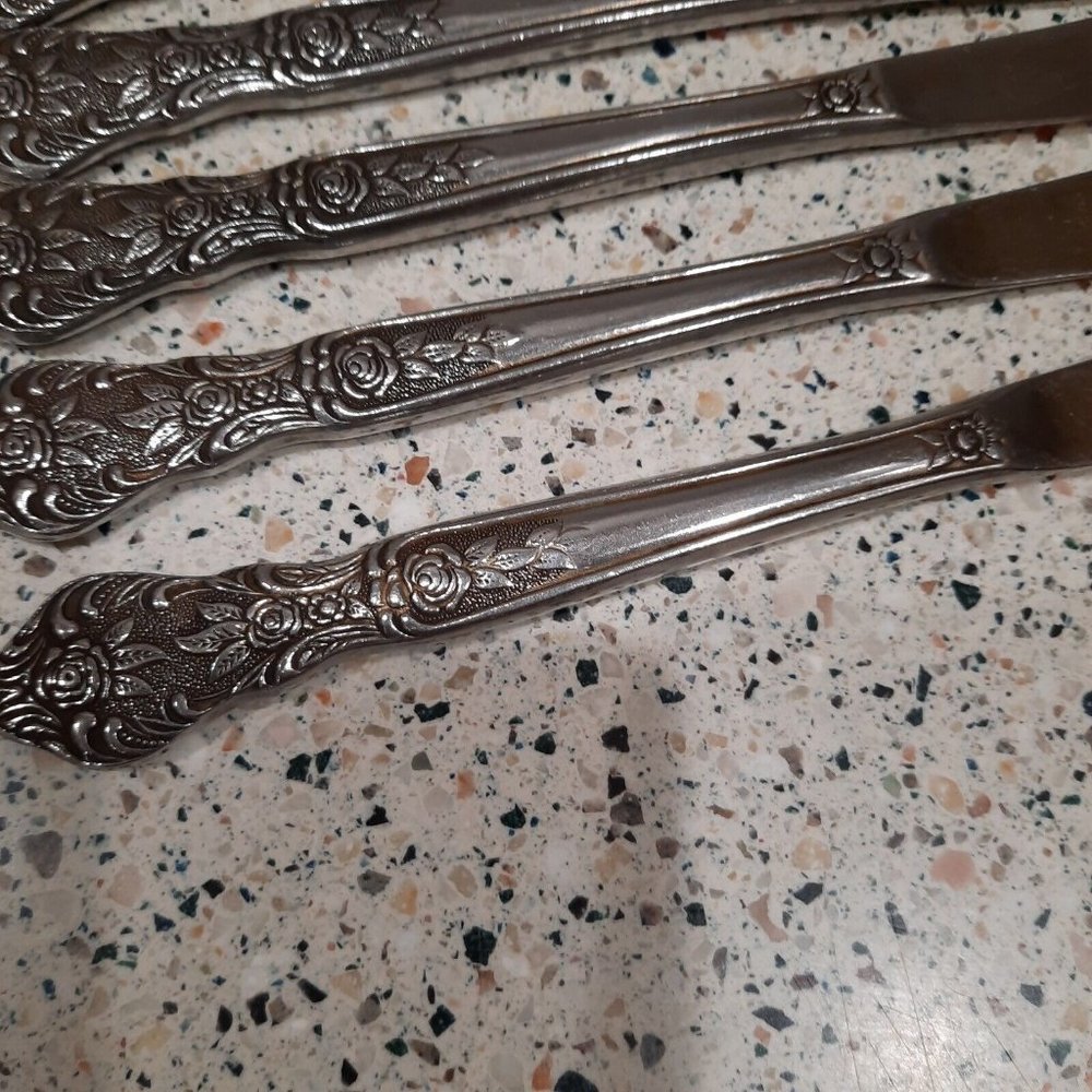 6 - Normandy Stainless Flatware Japan Rose Dinner Knives Floral Pattern 9"